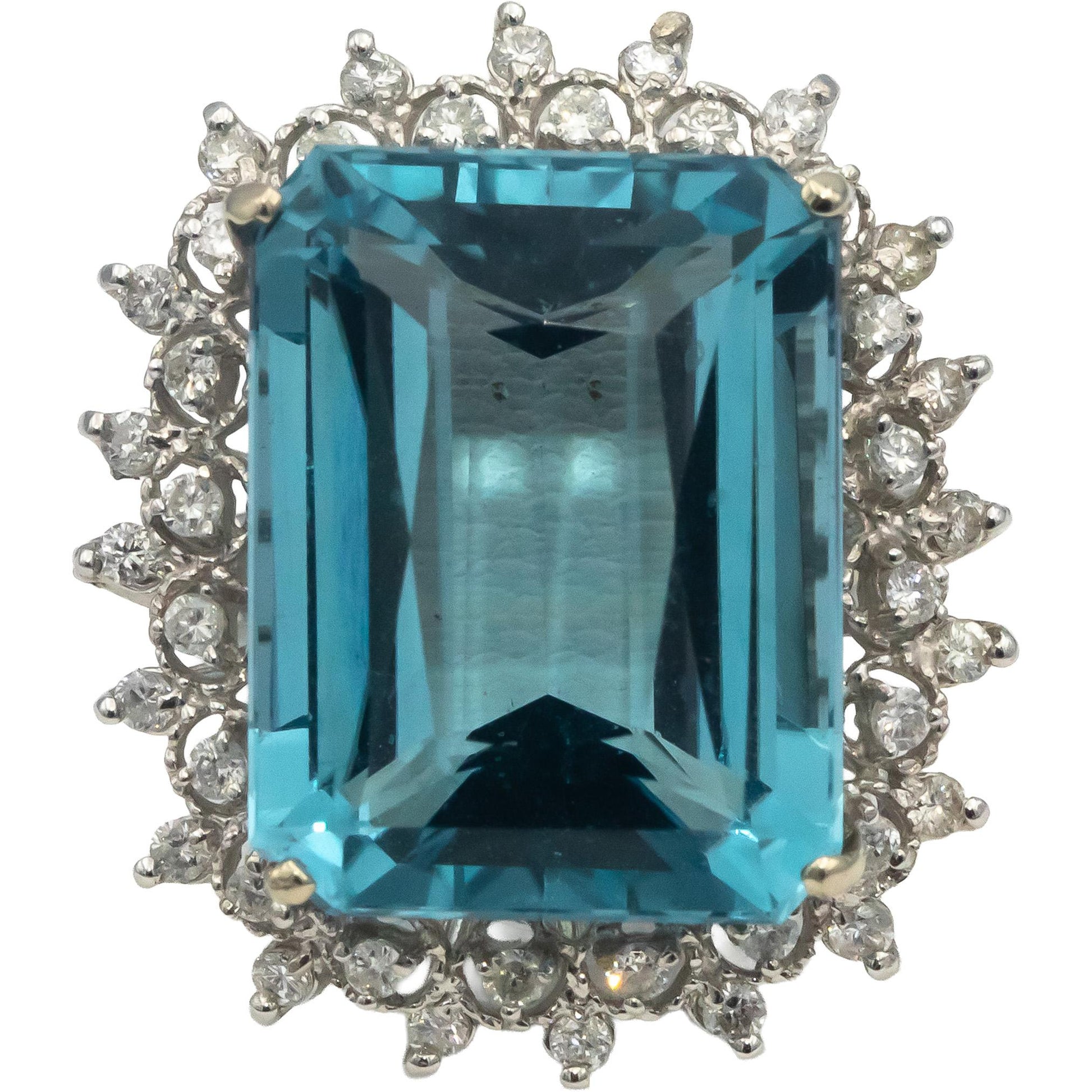 14k White Gold Emerald Cut Aquamarine Round Diamond Cocktail Ring 0.87CT Sz. 8.5