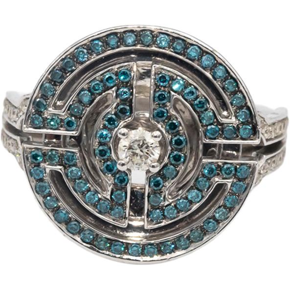 14k White Gold Round White & Blue Diamond Cocktail Ring 0.75CT Size 7