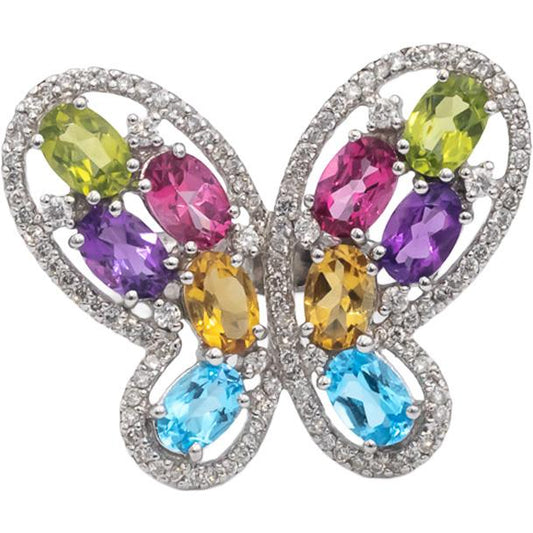 14k White Gold Diamond Assorted Gemstones Butterfly Cocktail Ring 0.75CT Sz 6.5