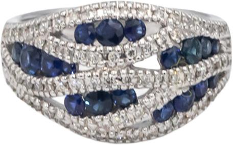 14k White Gold Round Diamond & Blue Sapphire Cocktail Ring 1.15CT Size 7