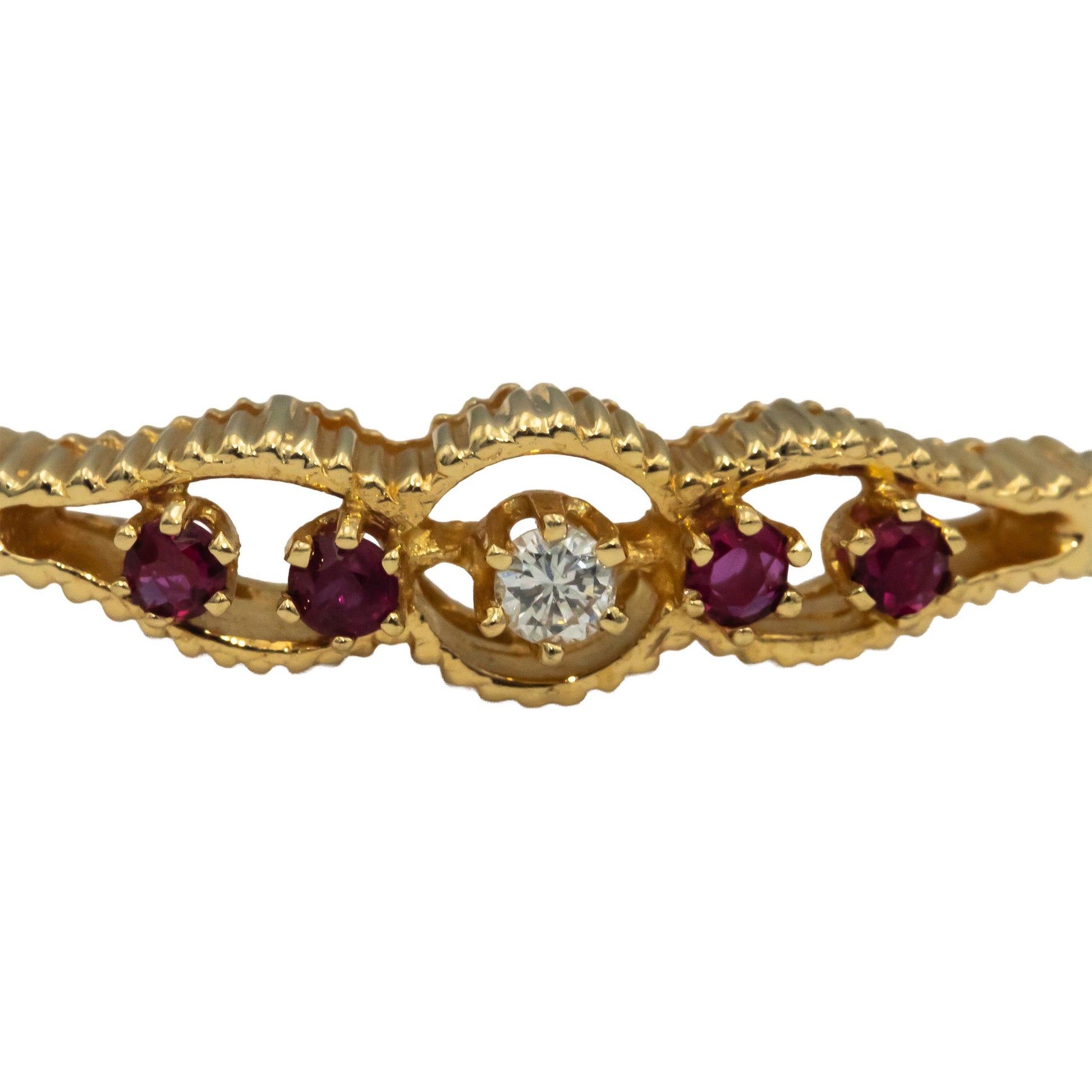 14k Yellow Gold Round Ruby and Diamond Bangle Bracelet 0.17CT