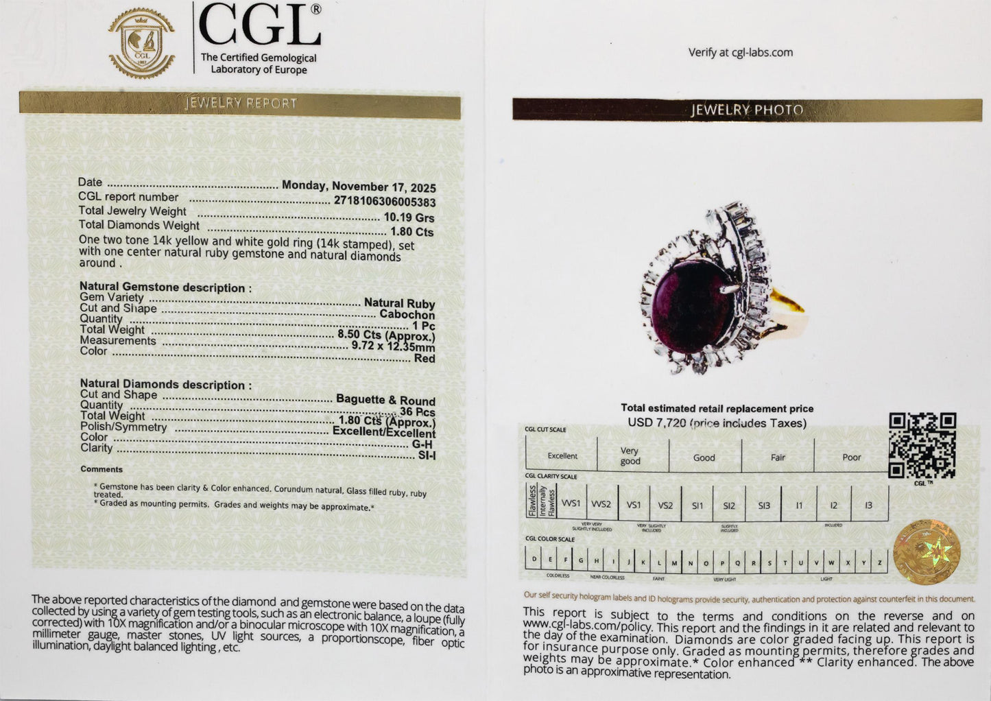 CGL Certified 14k Yellow & White Gold Natural Ruby & Diamond Ring 10.30CTW