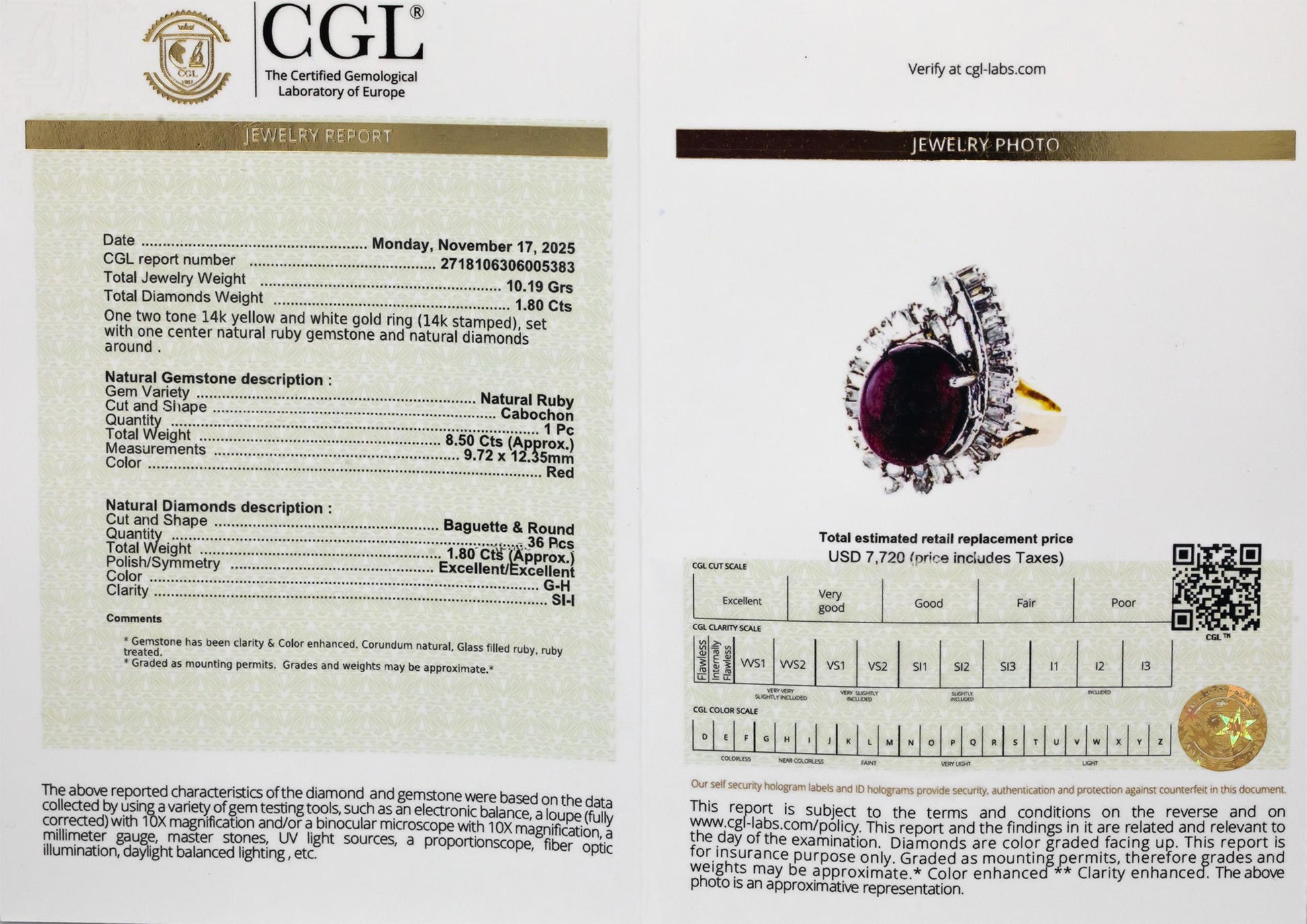 CGL Certified 14k Yellow & White Gold Natural Ruby & Diamond Ring 10.30CTW