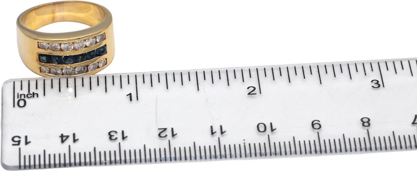 14k Yellow Gold Round Channel Set Diamond and Blue Sapphire Band Ring 0.90CT