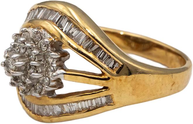 14k Yellow White Gold VS Round and Baguette Diamond Cluster Ring 0.50CT Size 7