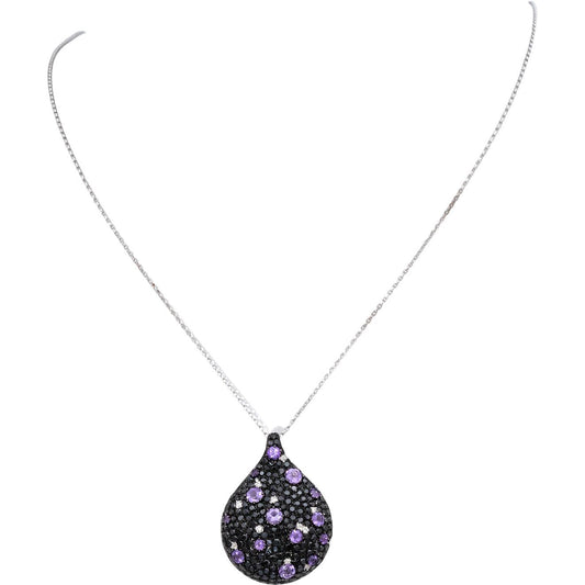14k White Gold Round White Black Diamond & Amethyst Pendant Necklace 1.50CTW