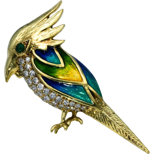 18k Yellow Gold VS Diamond and Colorful Enamel Bird Brooch 0.83CT