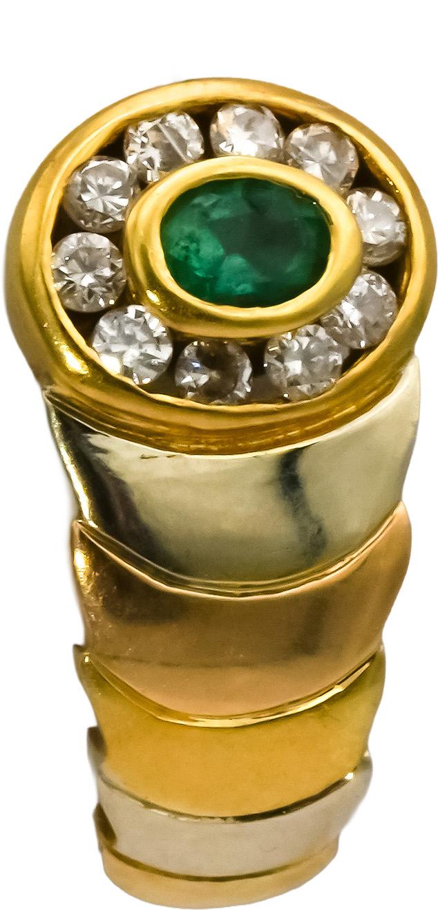 18k Yellow and White Gold Round Diamond & Oval Cut Emerald Stud Earrings 0.30CTW