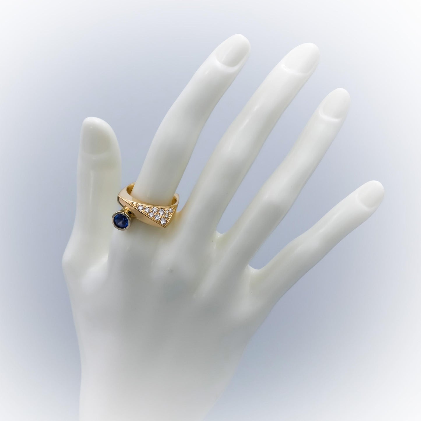 14k Yellow Gold Blue Sapphire & Diamond Pave Geometric Ring 1.0CTW Size 7.75