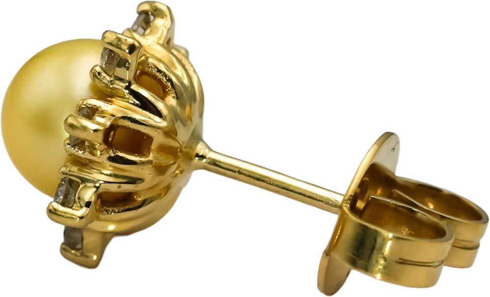 18k Yellow Gold Round Diamond & Golden Pearl Stud Earrings 0.25CT