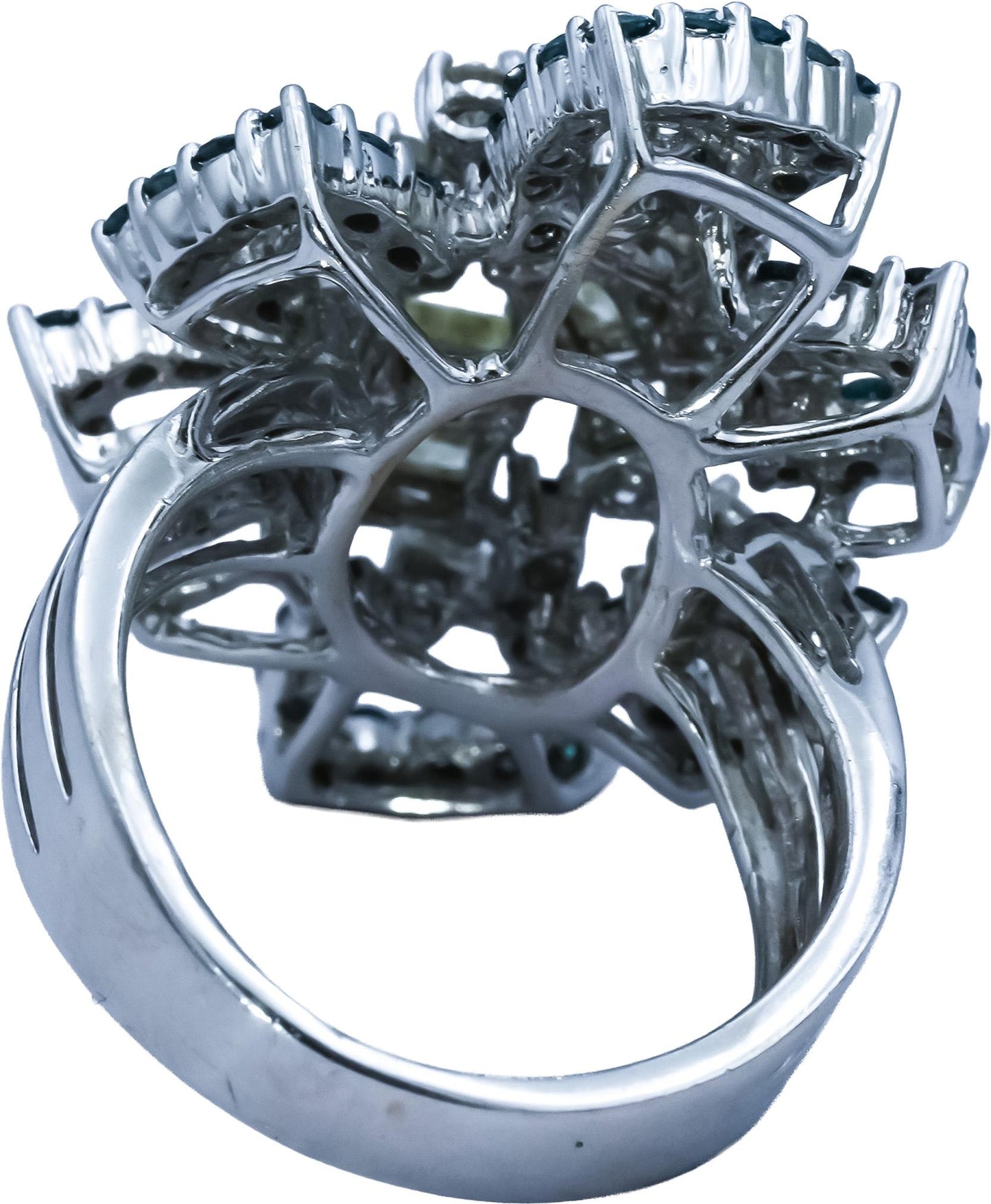 18k White Gold White Light Yellow Blue Diamond Flower Ring 2.50CT Size 6.75