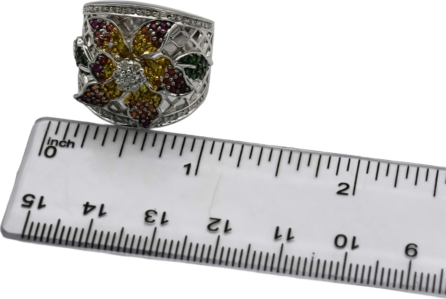18k White Gold Diamond & Multi Color Gemstone Flower Ring 1.15CT Size 7.75