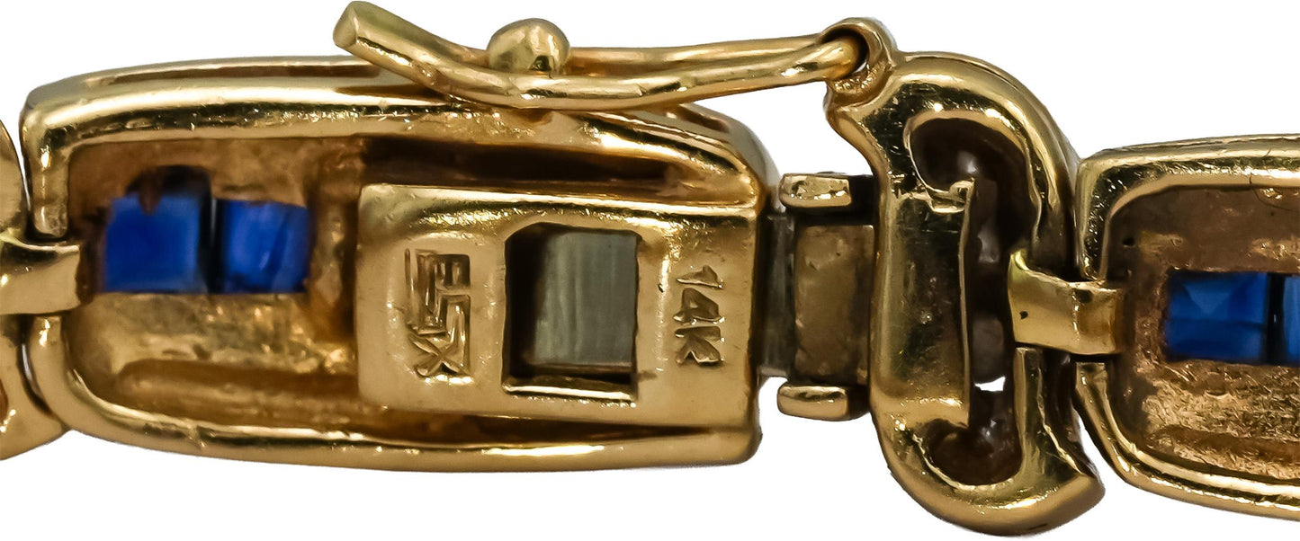 14k Yellow Gold Diamond and Blue Sapphire Fancy Link Bracelet 2.0CT