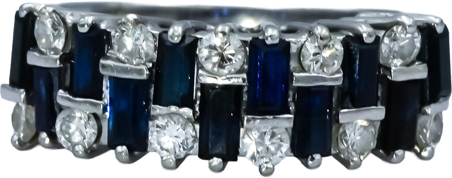 18k White Gold Round Diamond and Baguette Cut Sapphire Ring 1.50CT Size 5.5