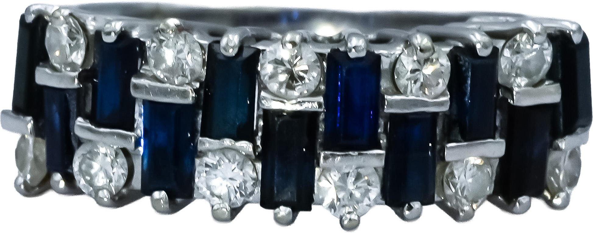 18k White Gold Round Diamond and Baguette Cut Sapphire Ring 1.50CT Size 5.5