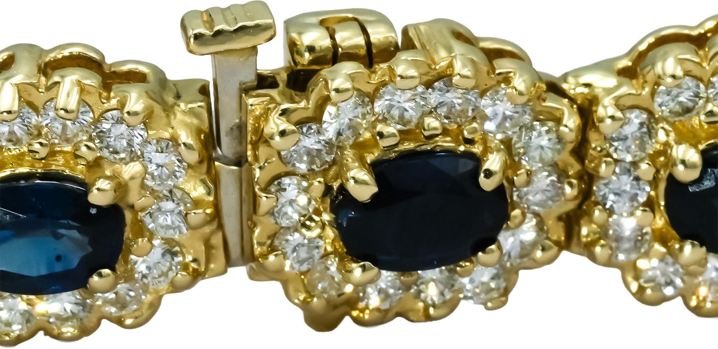 14k Yellow Gold Round Diamond and Oval Sapphire Halo Link Bracelet 16.0CT