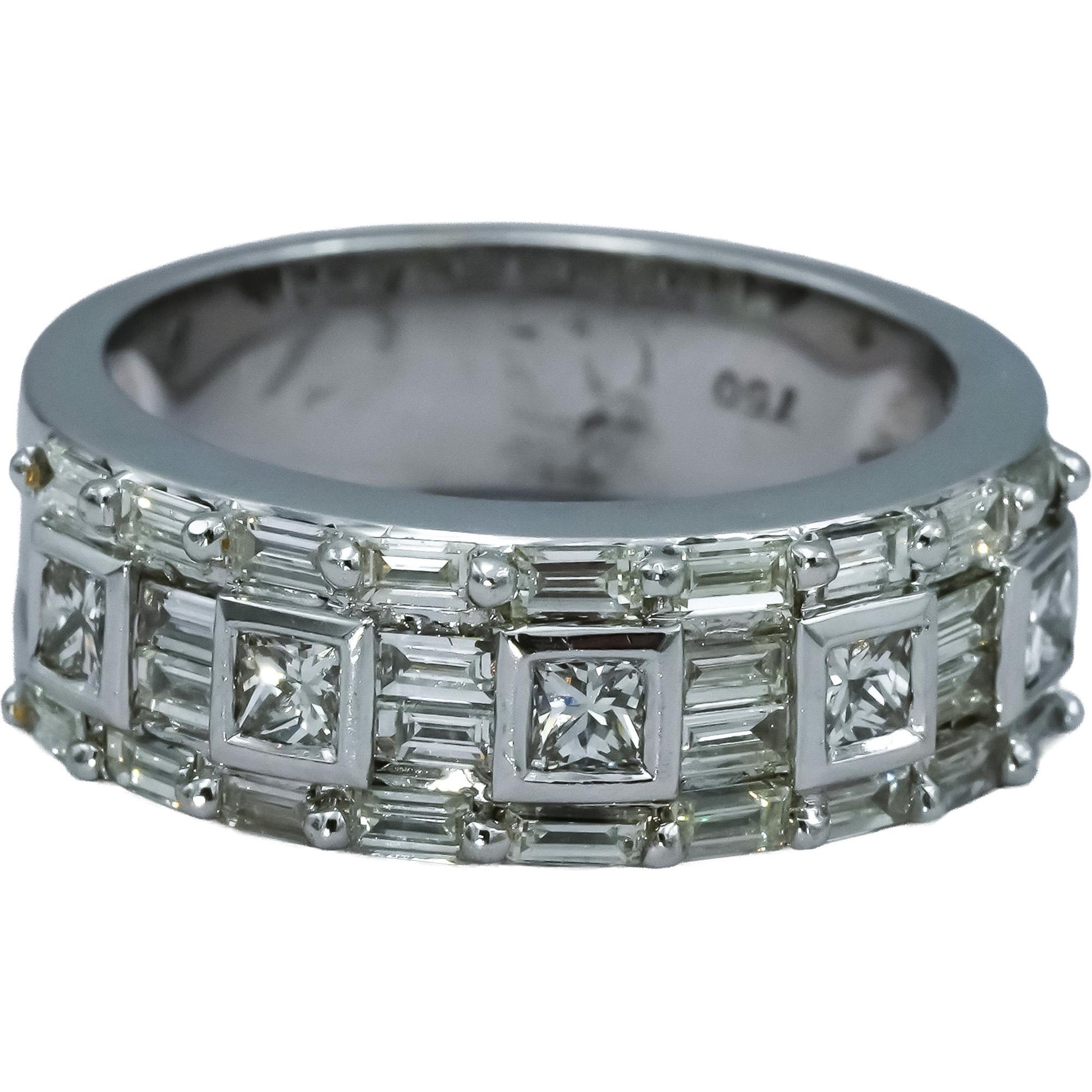 18k White Gold VS Round Baguette Princess Cut Diamond Band Ring 1.25CT Size 6.75