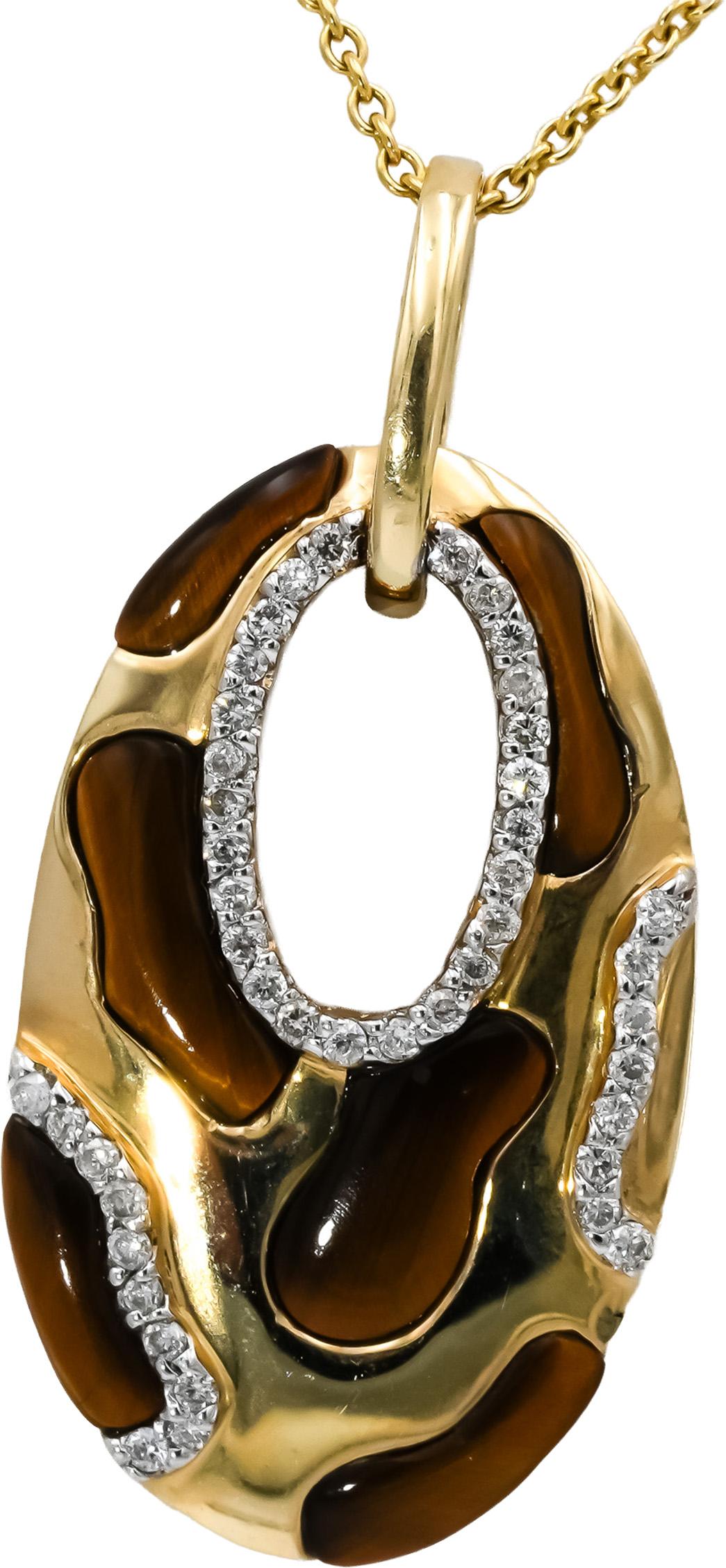 14k Yellow Gold Diamond and Tiger's Eye Pendant Necklace 0.25CT