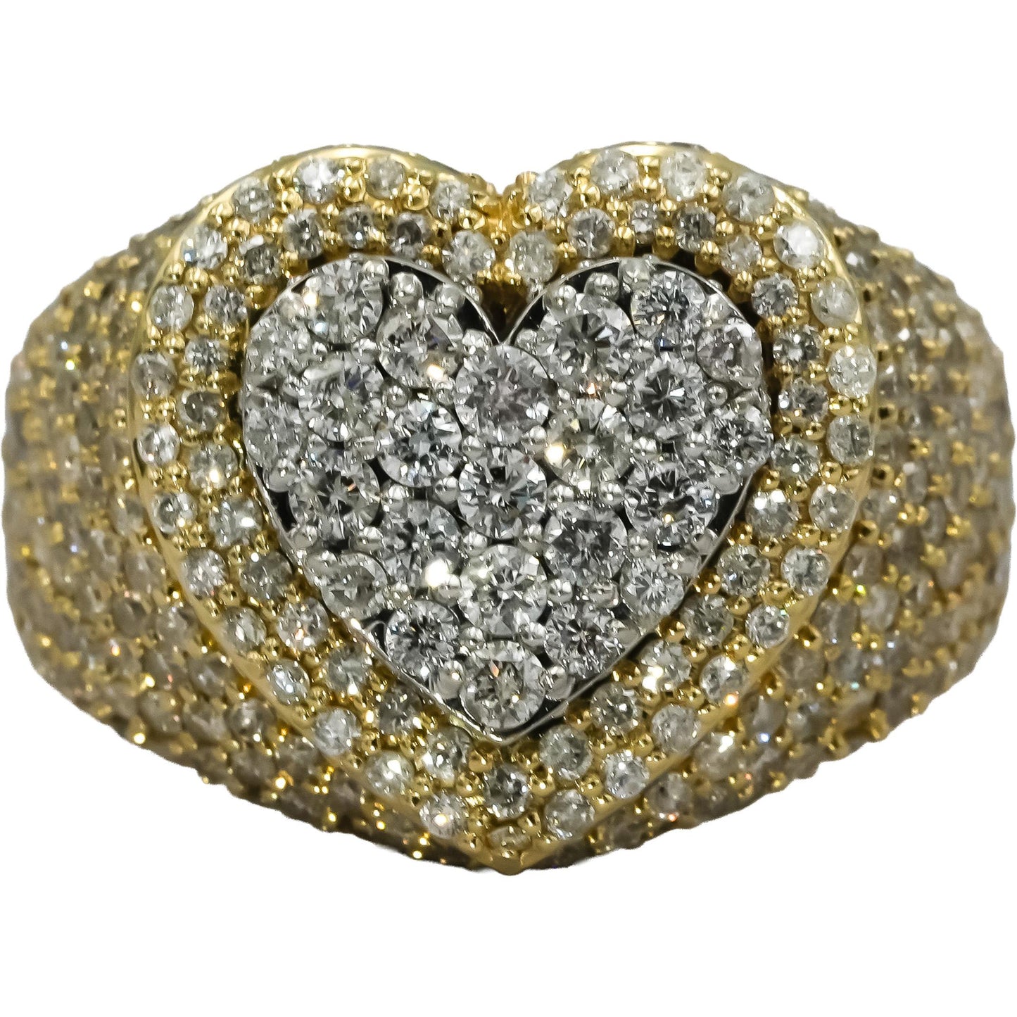 10k Yellow Gold Pave Diamond Heart Cluster Cocktail Ring 4.0CT Size 10.5