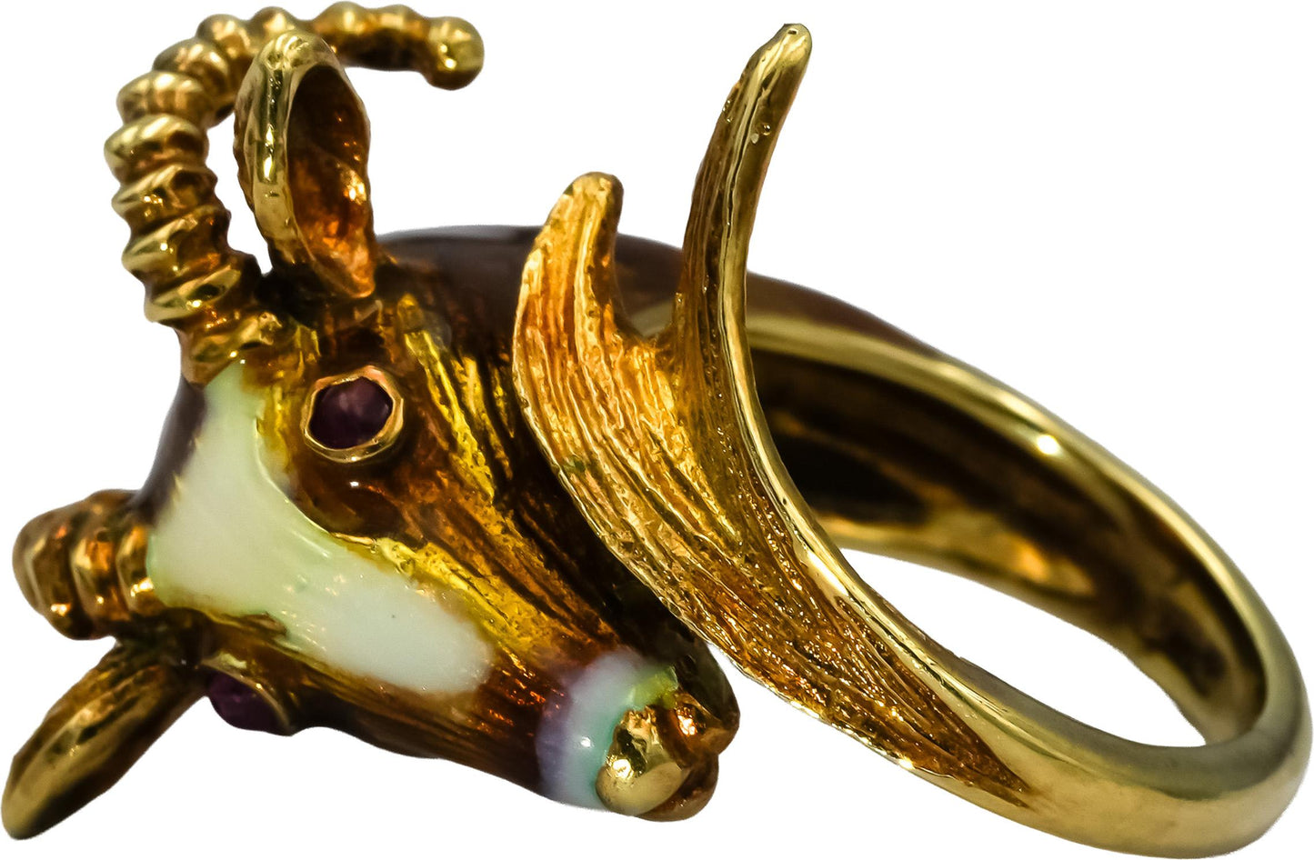 14k Yellow Gold Ruby and Enamel Rams Head Ring Size 5.25