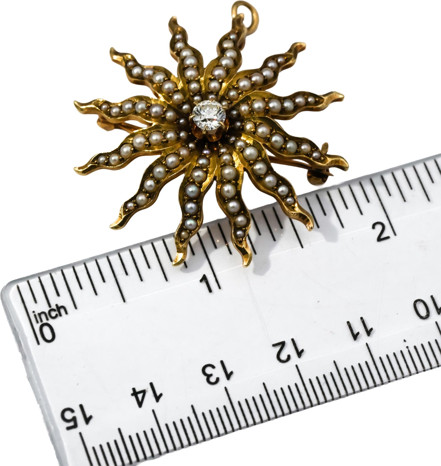 Vintage 14k Yellow Gold Old Euro Diamond Seed Pearl Sun Brooch Pendant .40CT