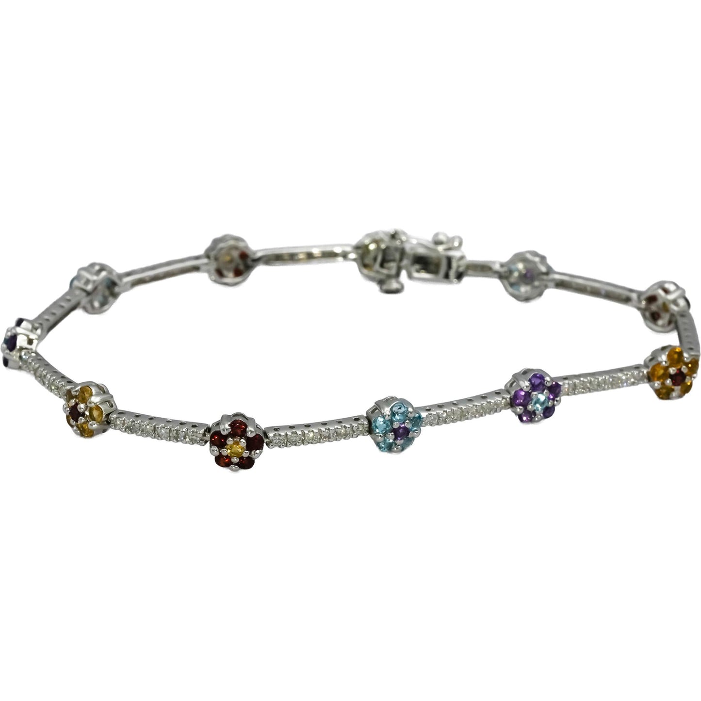 14k White Gold Round Diamond and Multi Color Gemstone Flower Bracelet 0.50CT
