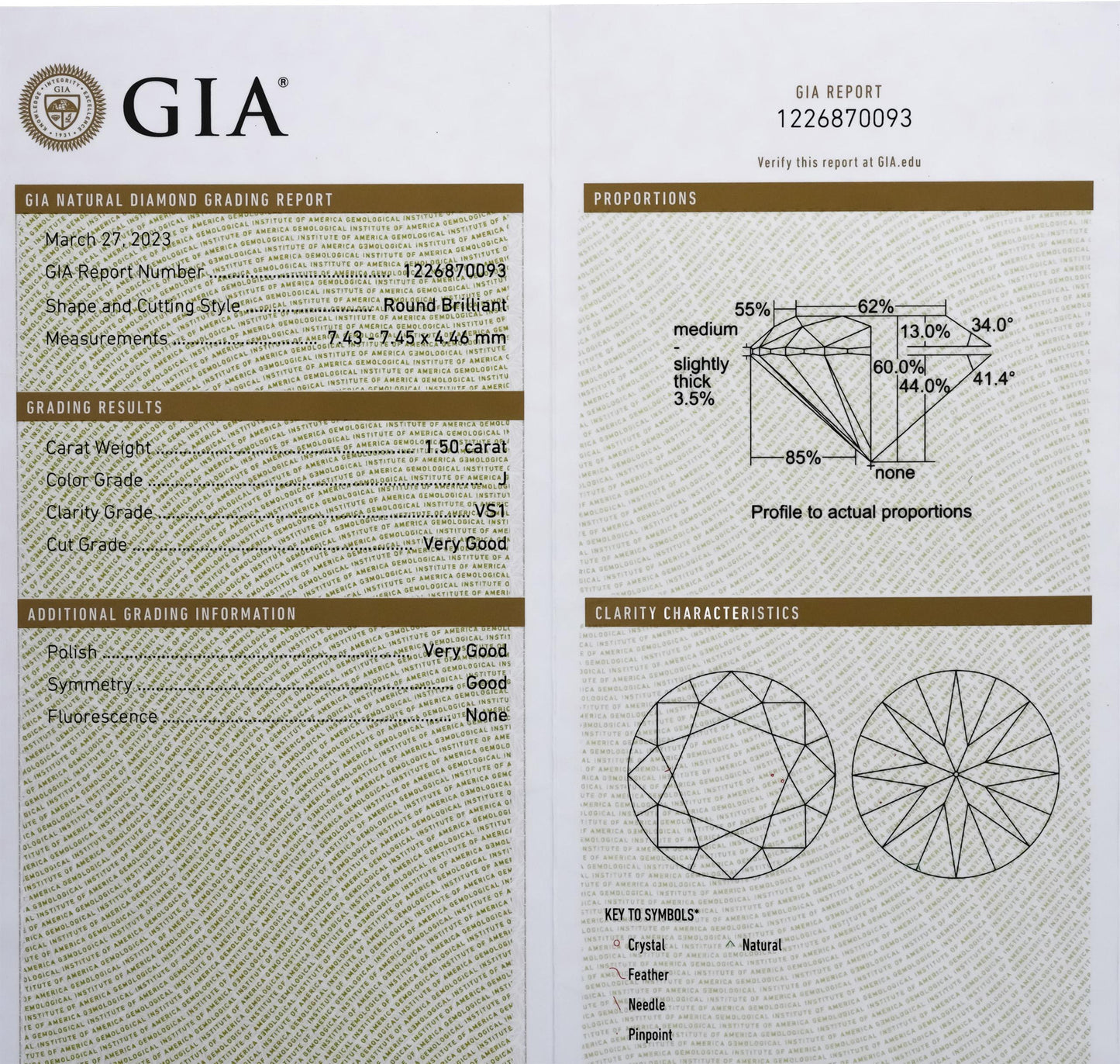 GIA Certified VS1/J Round Cut Natural Diamond Loose Stone 1.50CT