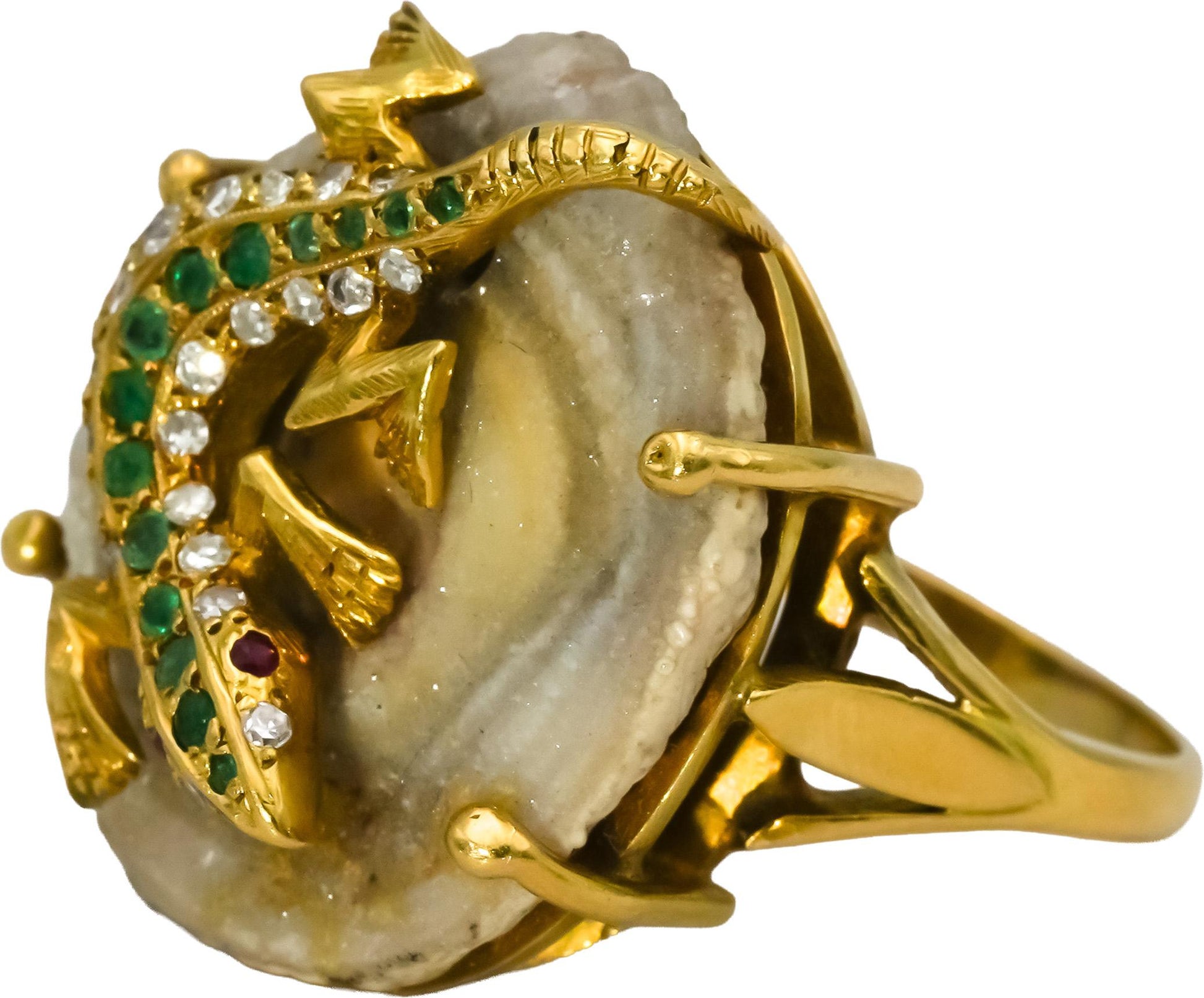18k Yellow Gold Diamond Emerald Geode Slice Moving Lizard Ring 0.48CT Size 8.25