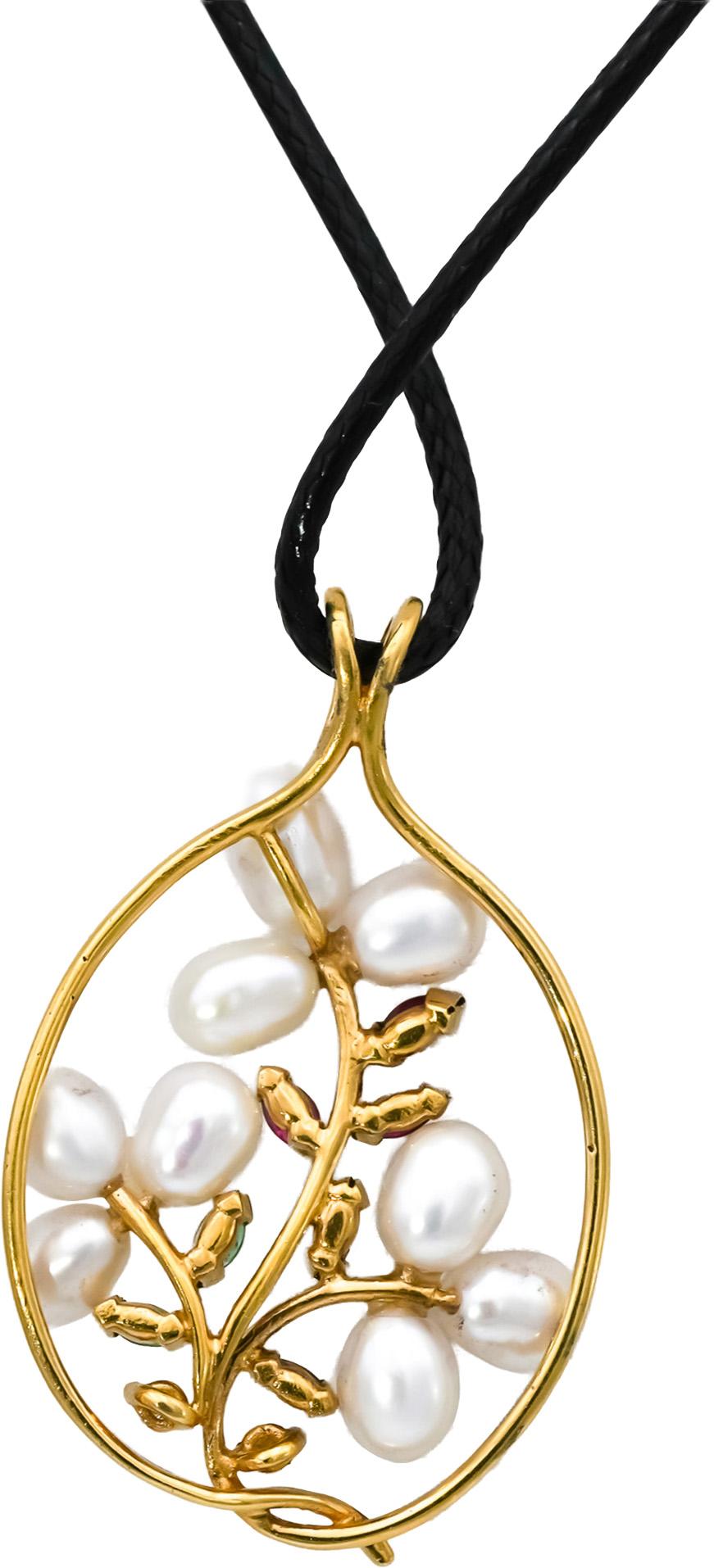 18k Gold Ruby Emerald Sapphire Pearl Floral Pendant Necklace w/ Diamonds .35CT