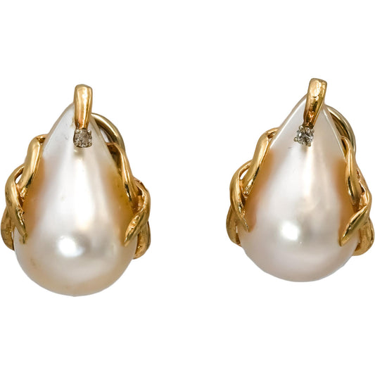 18k Yellow Gold Tear Drop Mabe Pearl Twisted Ribbon Earrings w/ Diamond Accents