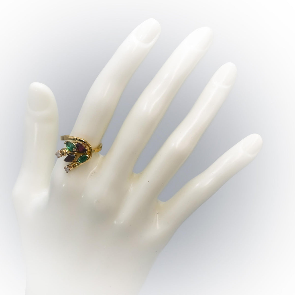 18k Yellow Gold Diamond Ruby Emerald Floral Ring 1.22CT Size 6
