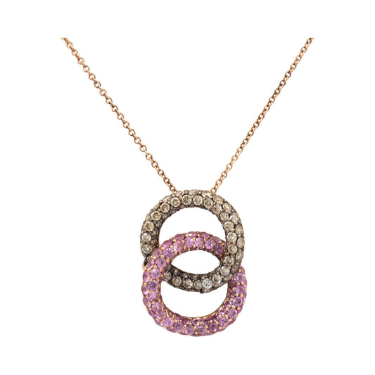14k Gold 2.0CT Brown Diamond and Pink Sapphire Double Circle Pendant Necklace