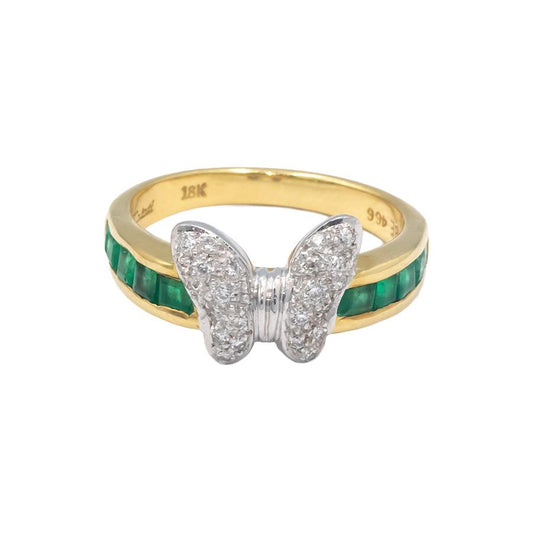 KALATI 18k Yellow & White Gold 0.68CT Diamond and Emerald Butterfly Ring Size 6