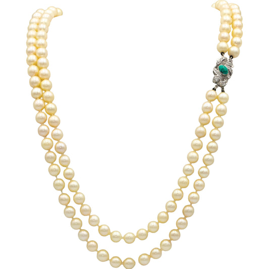 18k White Gold 0.20CT VS Diamond Pearl Turquoise Double Strand Necklace