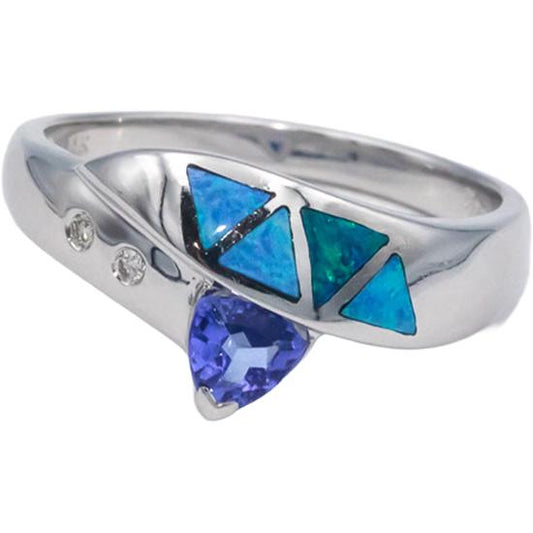 DYACH Designer 14k White Gold 0.37CT Diamond Tanzanite Opal Ring Size 7.25