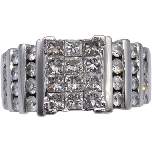 14k White Gold Princess & Round Diamond Cluster Cocktail Ring 2.0CT Size 7