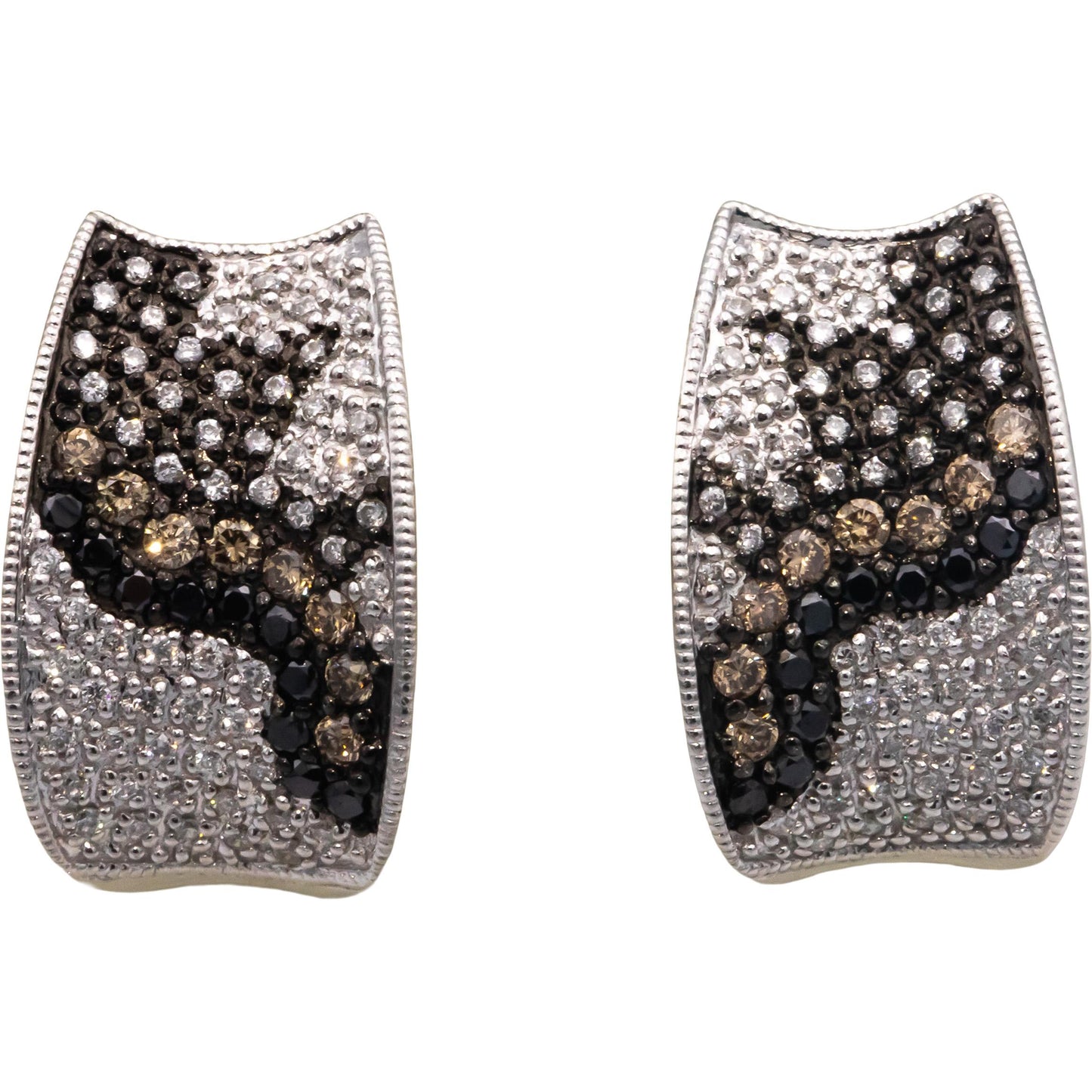 14k White Gold 0.85CT White Brown Black Diamond Cluster Curved Earrings