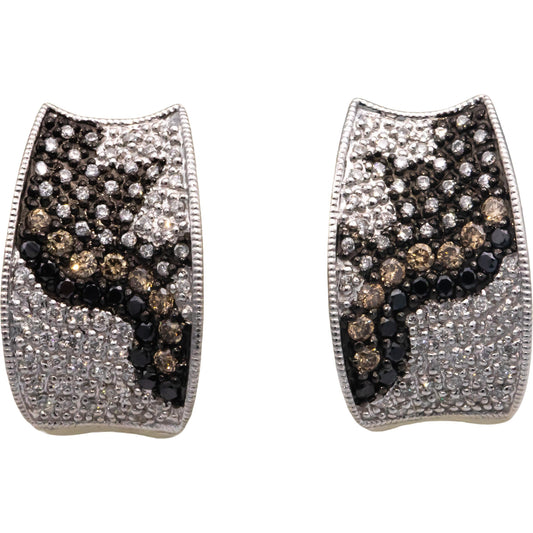 14k White Gold 0.85CT White Brown Black Diamond Cluster Curved Earrings