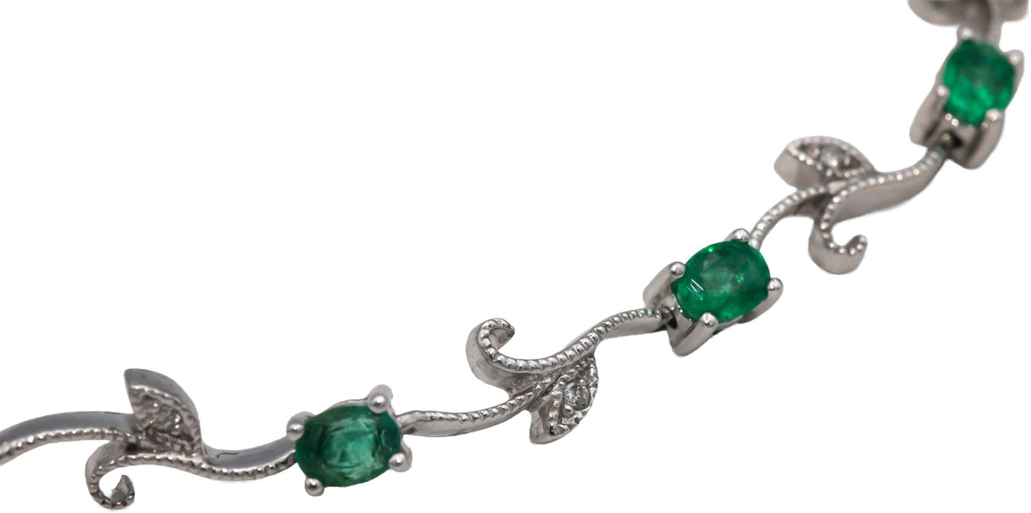 14k White Gold Diamond and Emerald Fancy Floral Link Bracelet 1.56CT