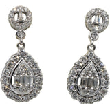10k White Gold Round and Baguette Cut Diamond Cluster Dangle Earrings 1.0CT
