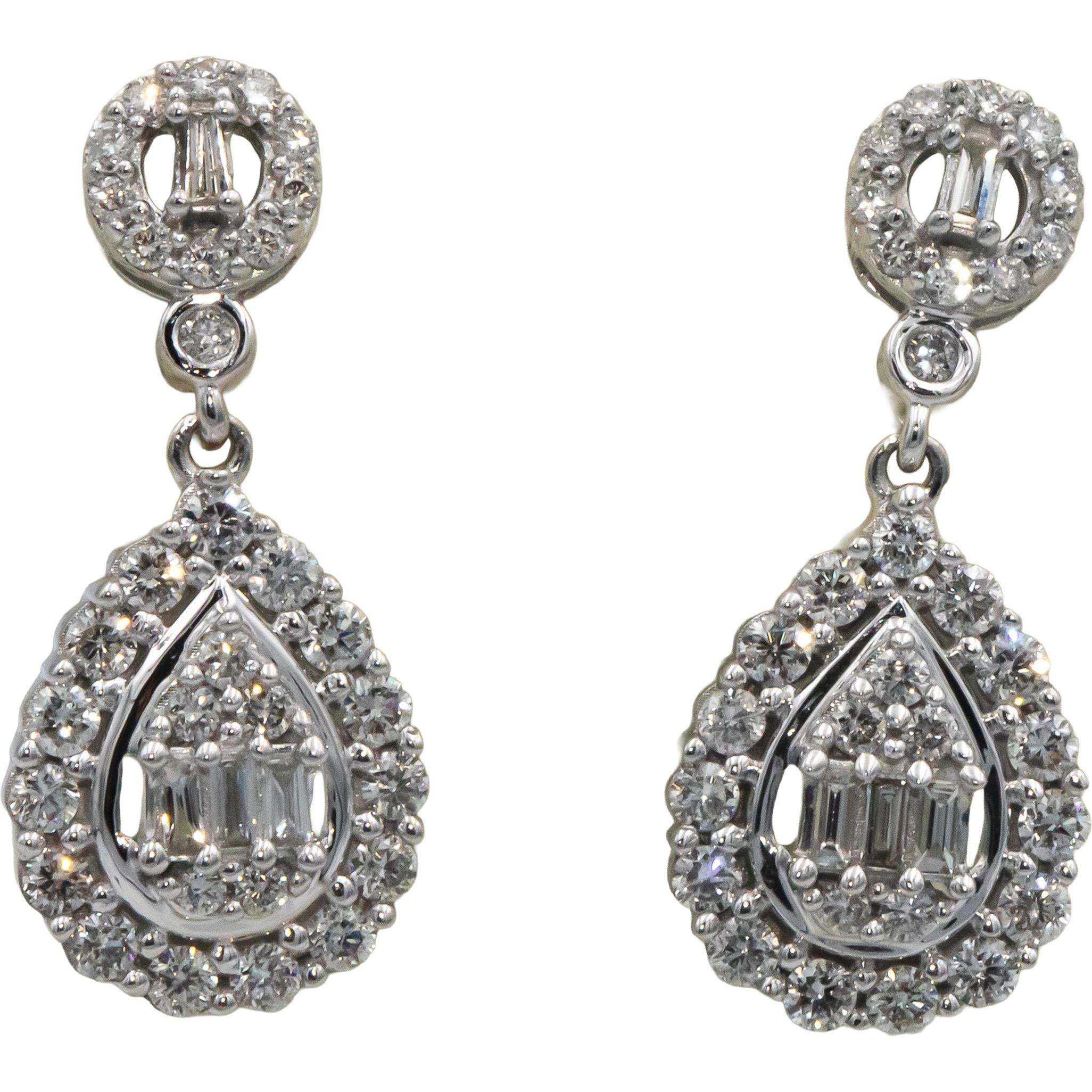 10k White Gold Round and Baguette Cut Diamond Cluster Dangle Earrings 1.0CT