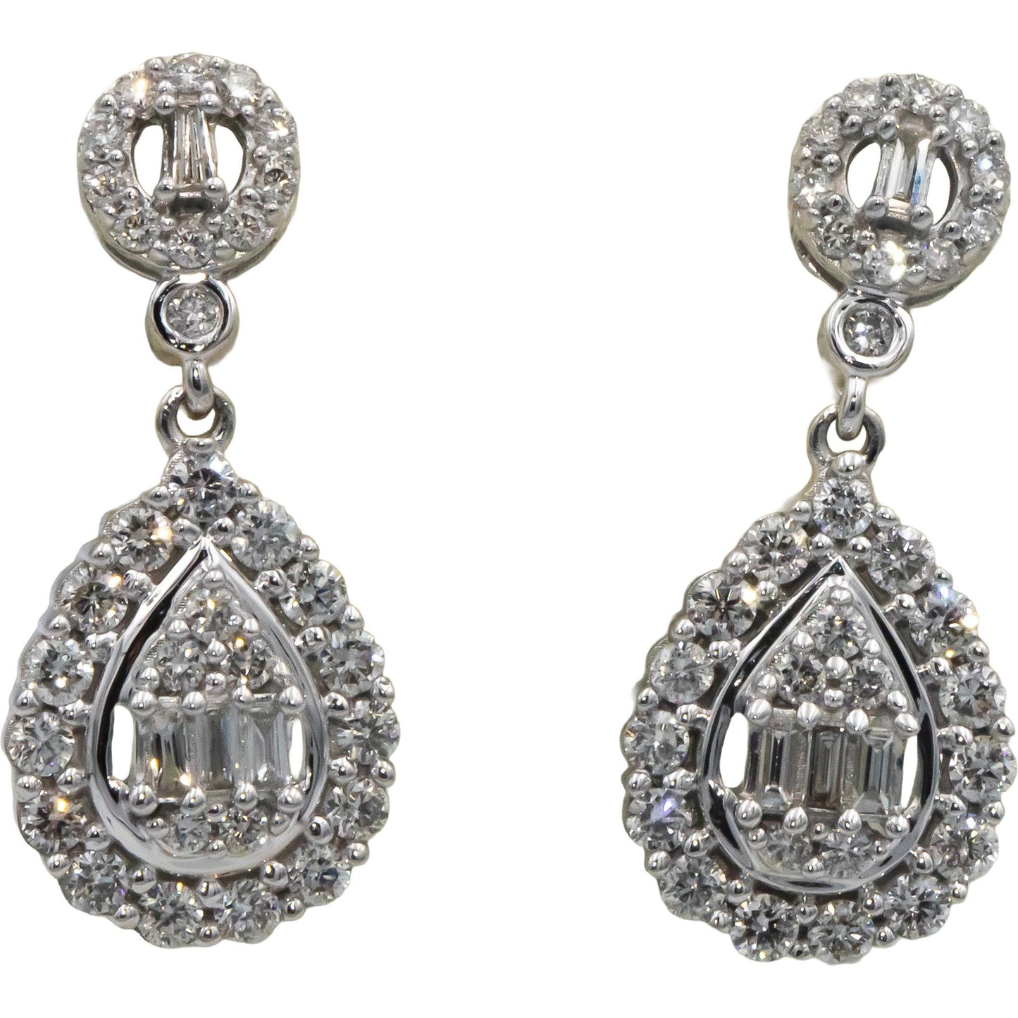 10k White Gold 1.0CT Round and Baguette Cut Diamond Cluster Dangle Earrings