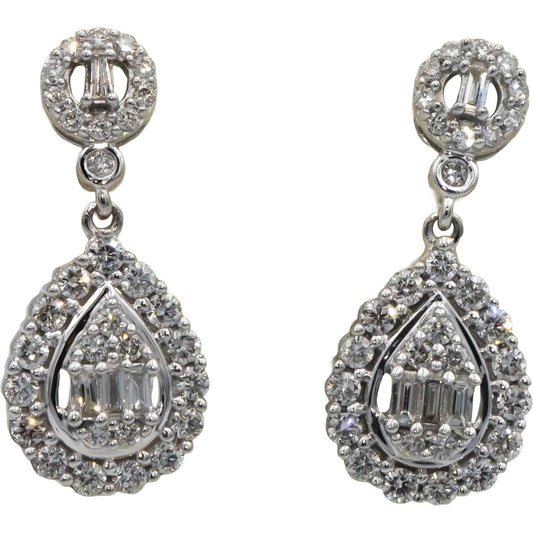 10k White Gold 1.0CT Round and Baguette Cut Diamond Cluster Dangle Earrings