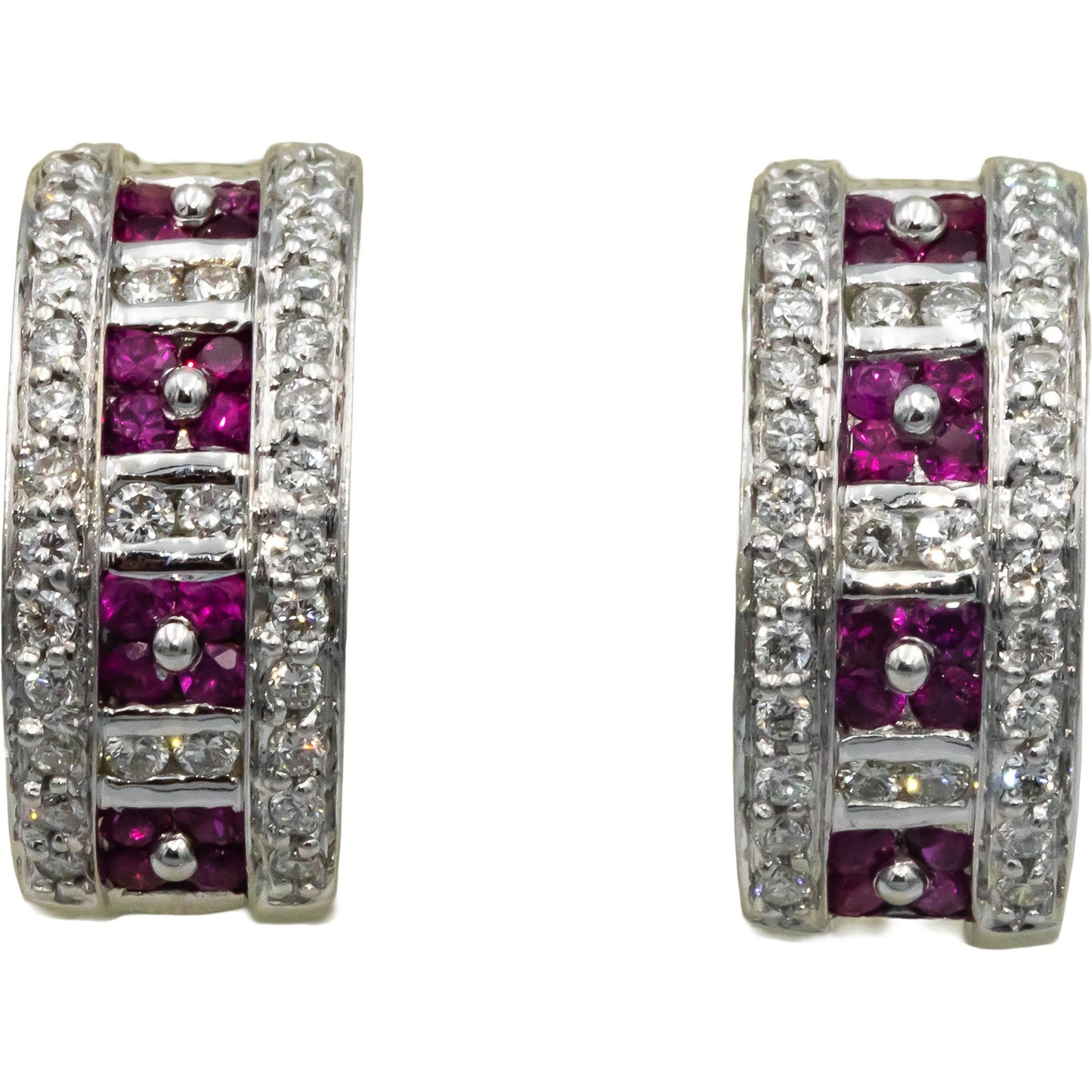 18k White Gold 1.50CT Round Cut Diamond and Ruby Curved Earrings