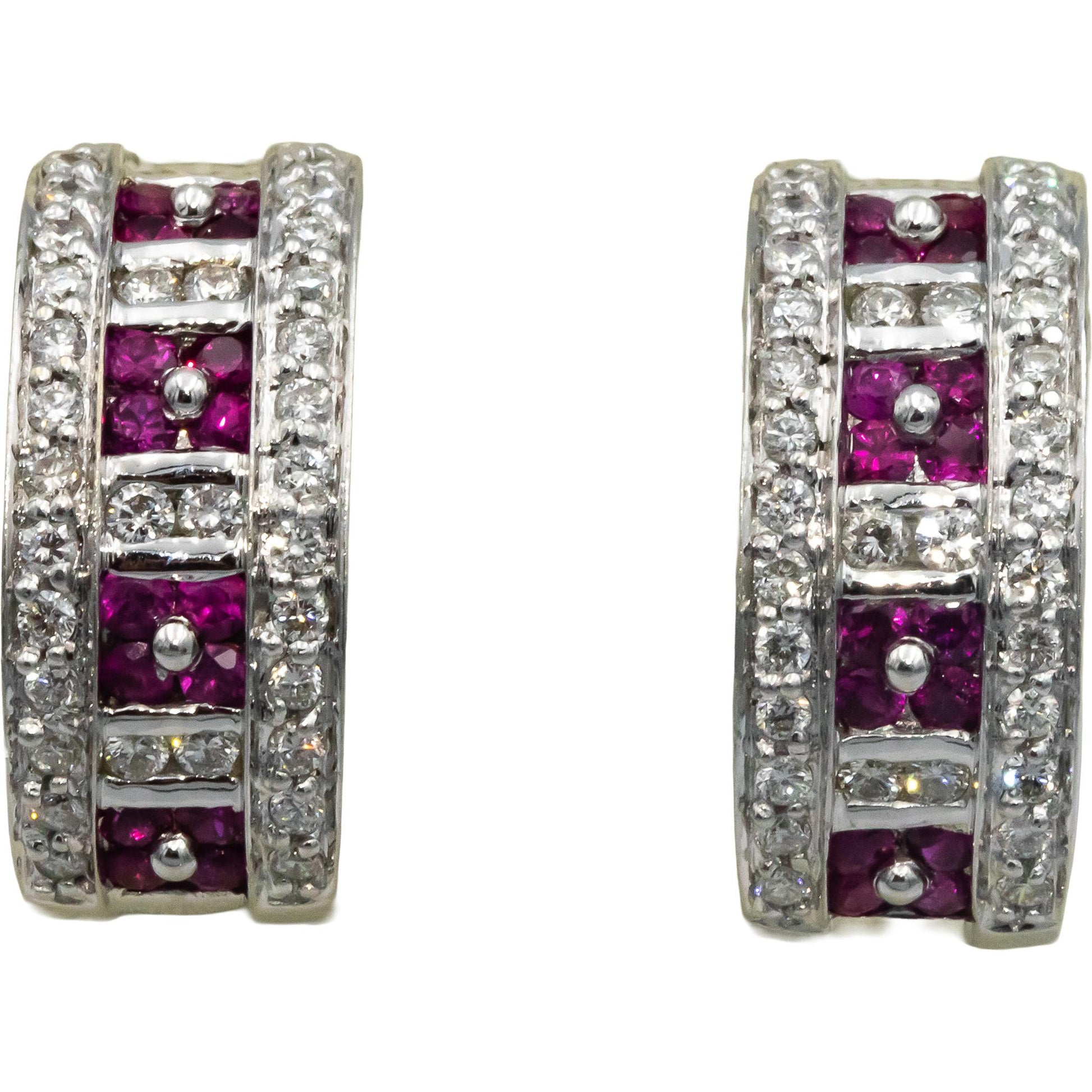 18k White Gold 1.50CT Round Cut Diamond and Ruby Curved Earrings