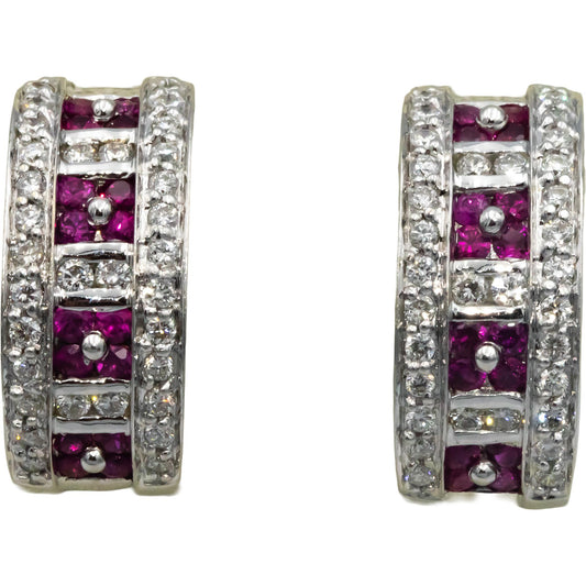 18k White Gold 1.50CT Round Cut Diamond and Ruby Curved Earrings