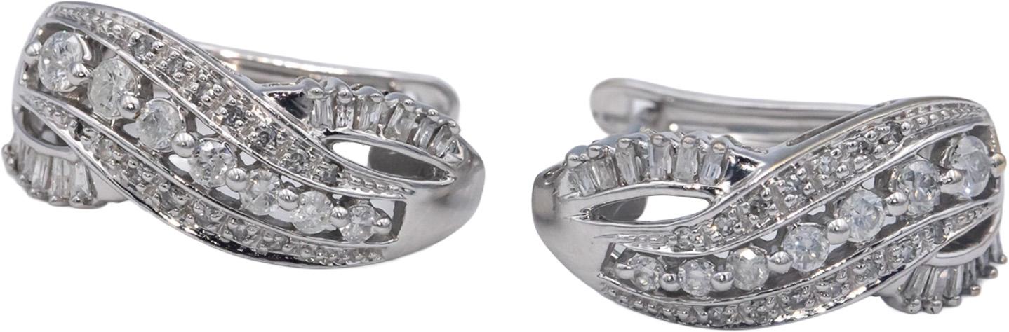 10k White Gold Round and Baguette Cut Curved Earrings 0.50CT