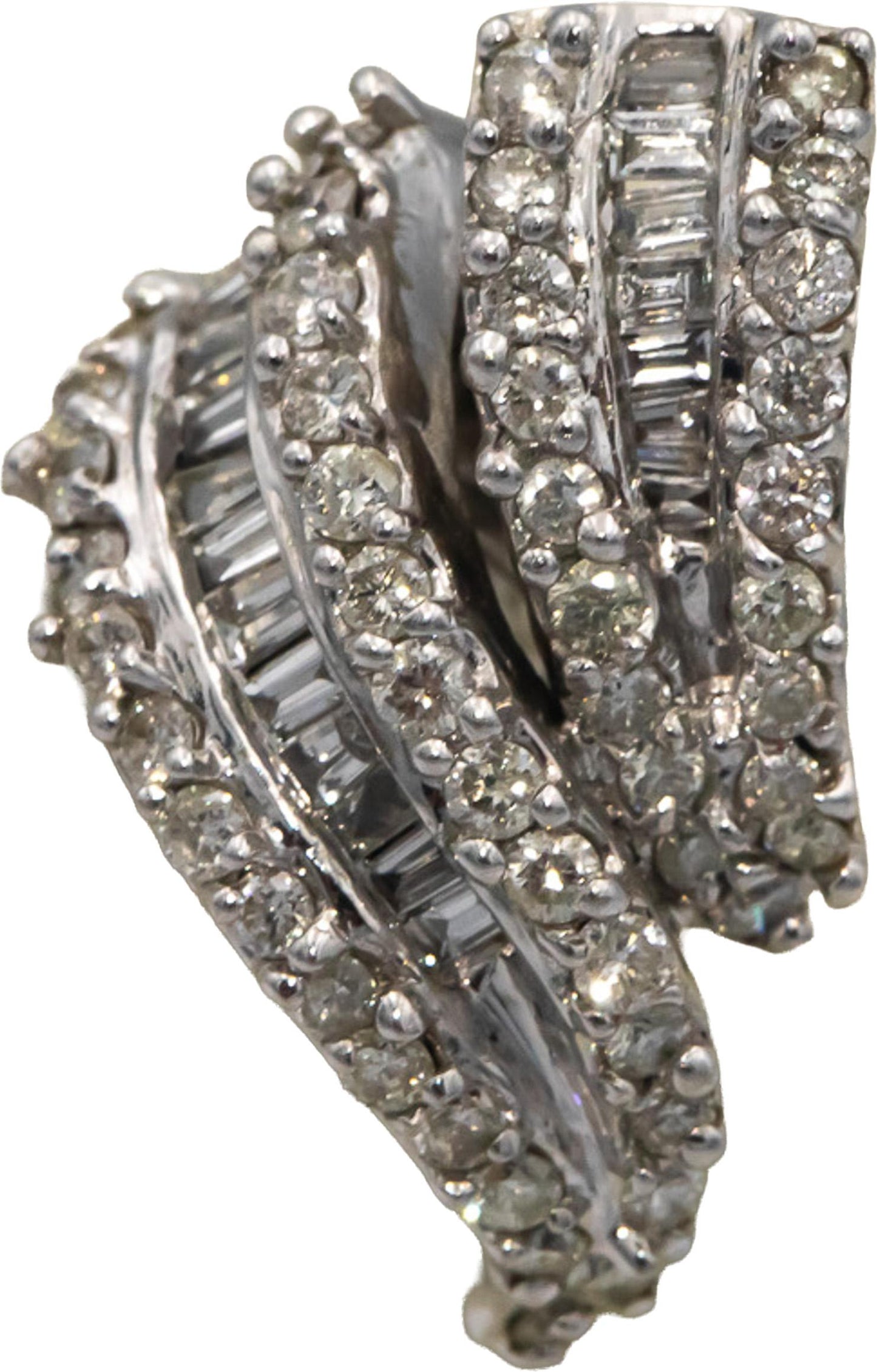 14k White Gold 1.0CT Round and Baguette Cut Diamond Ribbon Earrings