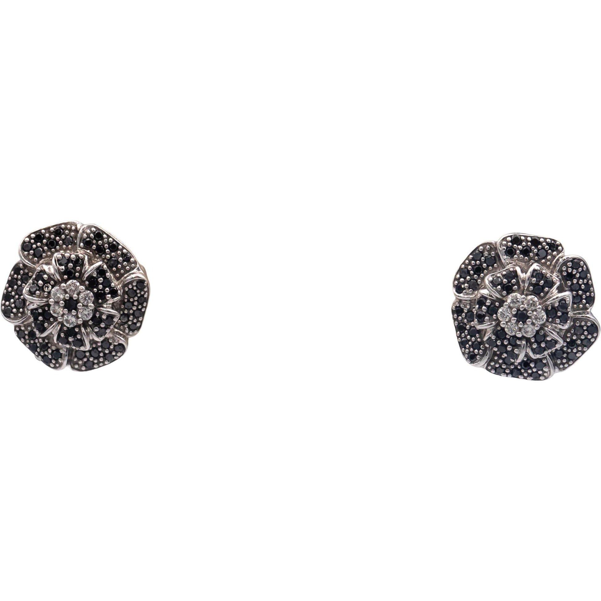 14k White Gold 0.75CT White and Black Diamond Cluster Flower Stud Earrings