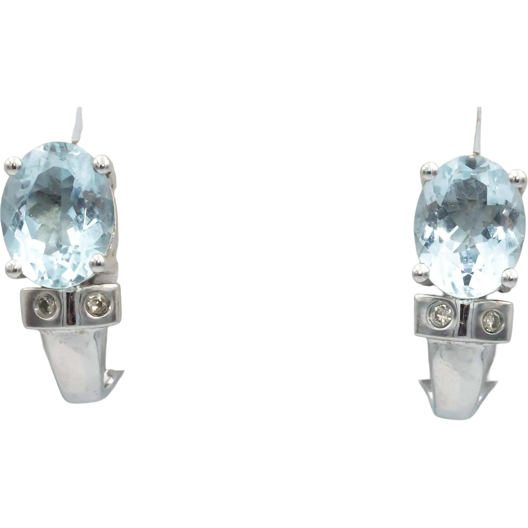 14k White Gold Round Diamond Oval Cut Aquamarine Earrings 3.04CT